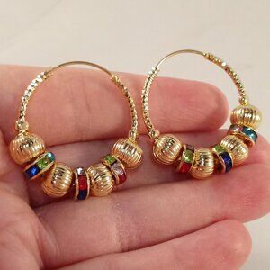 18K Yellow Gold Filled Bohemian Carved Crystal Beads Circle Hoop Dangle Earrings